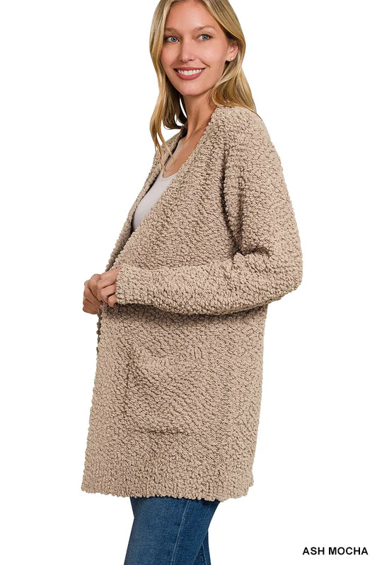 Zenana Long Sleeve Popcorn Sweater Cardigan with Pockets
