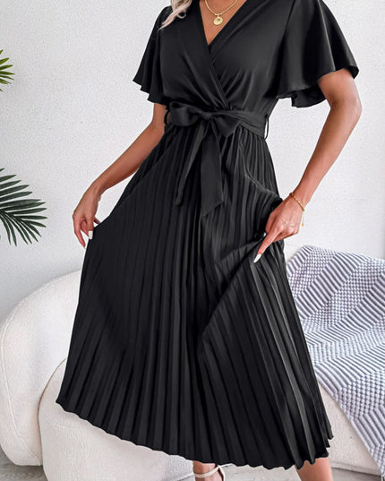 Pleated Flutter Sleeve Belted Dress Black
