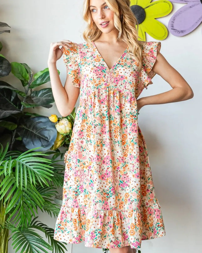Heimish Full Size Floral Ruffled V-Neck Dress
