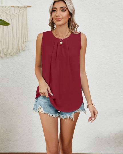 Round Neck Sleeveless Top with Pleated Front Detail 