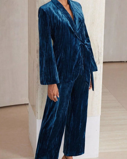 Velvet Tie Waist Blazer and Pants Set