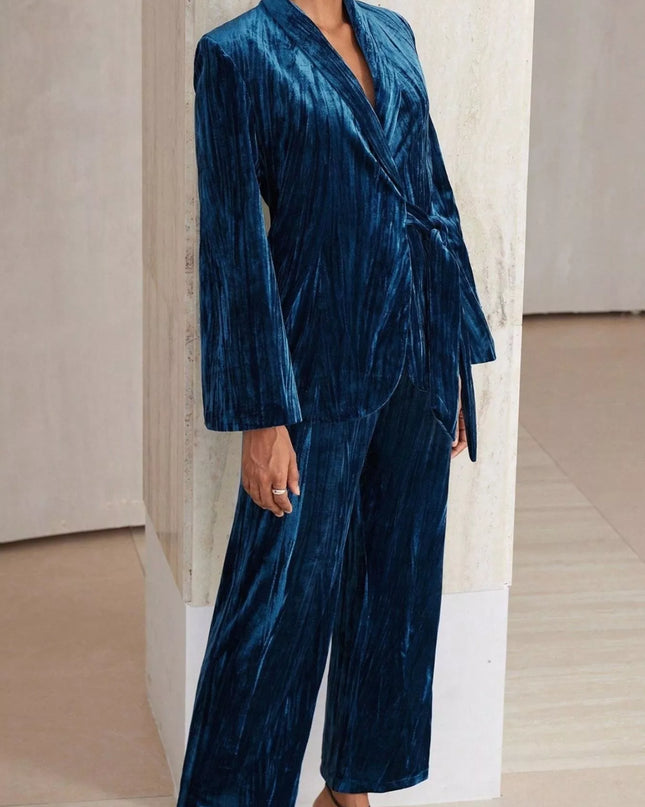 Velvet Tie Waist Blazer and Pants Set