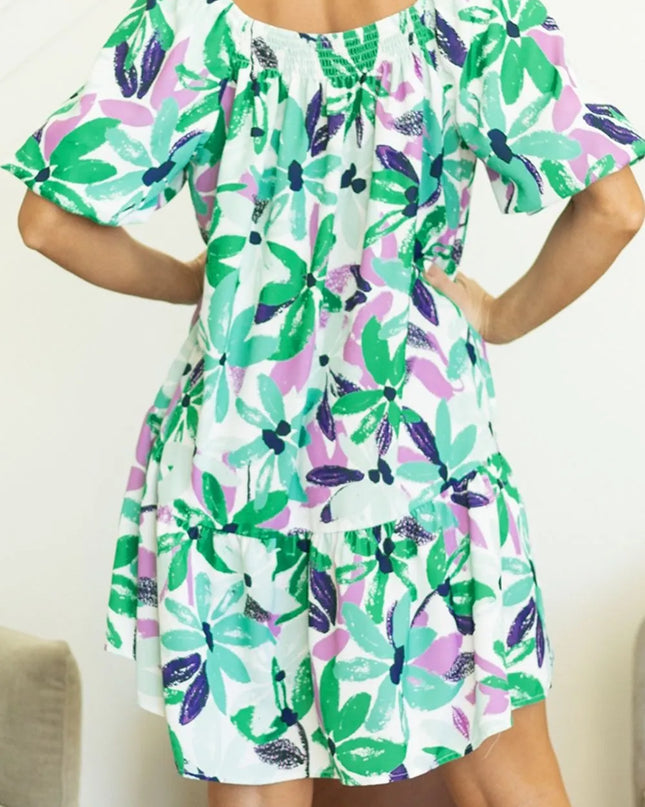 Floral Print Shirred Square Neck Loose Fit Mini Dress