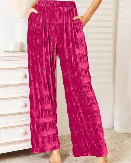 Double Take Full Size High Waist Tiered Shirring Velvet Wide Leg Pants Hot Pink