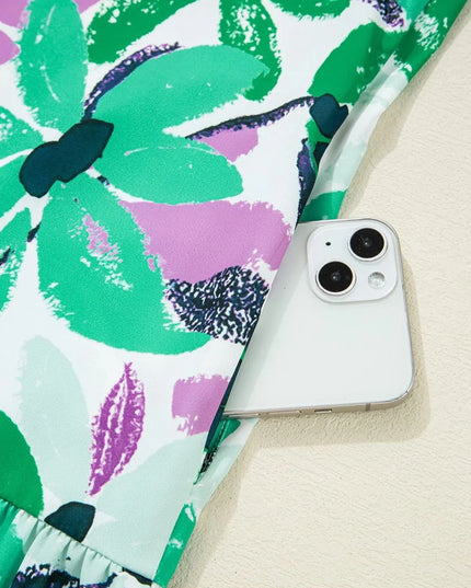 Floral Print Shirred Square Neck Loose Fit Mini Dress