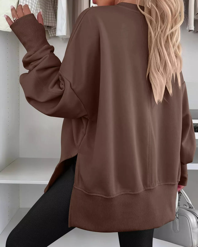Side Slit Round Neck Long Sleeve Sweatshirt