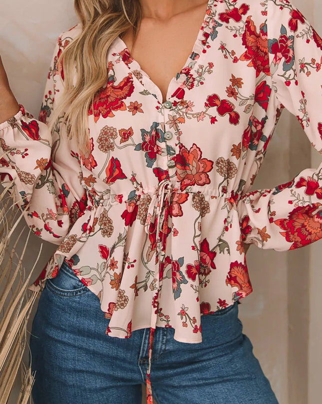 Floral V-Neck Drawstring Peplum Blouse