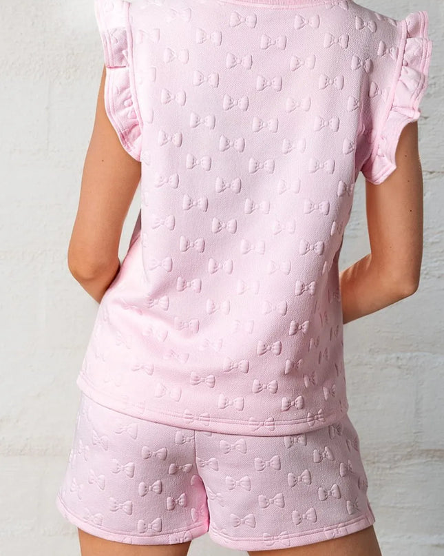 Bow Jacquard Ruffle Cap Sleeve Top and Shorts Set