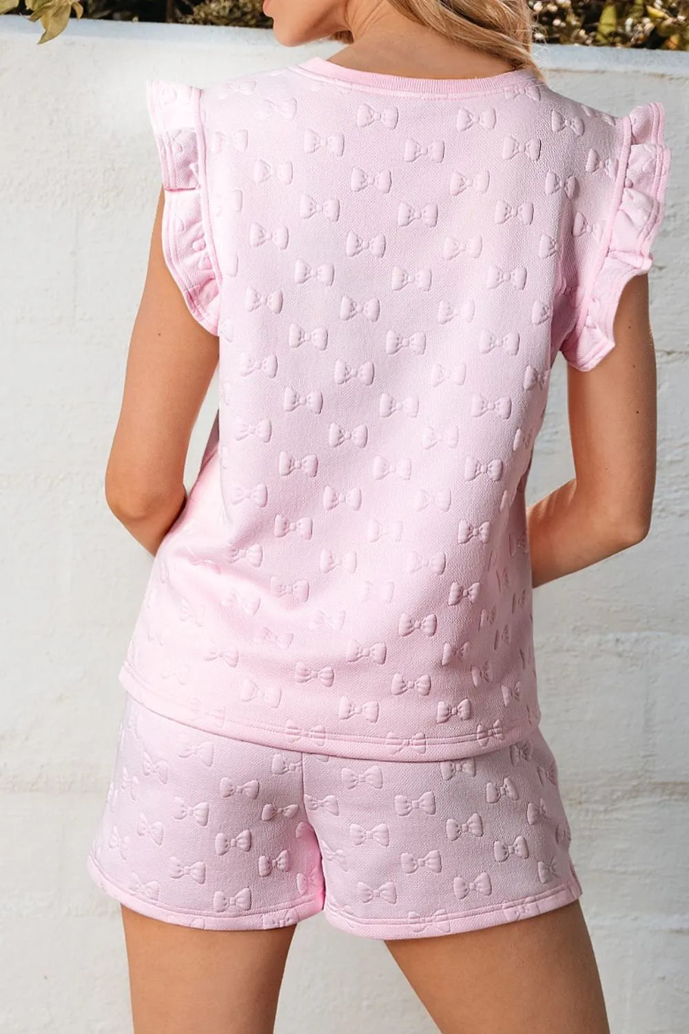 Bow Jacquard Ruffle Cap Sleeve Top and Shorts Set