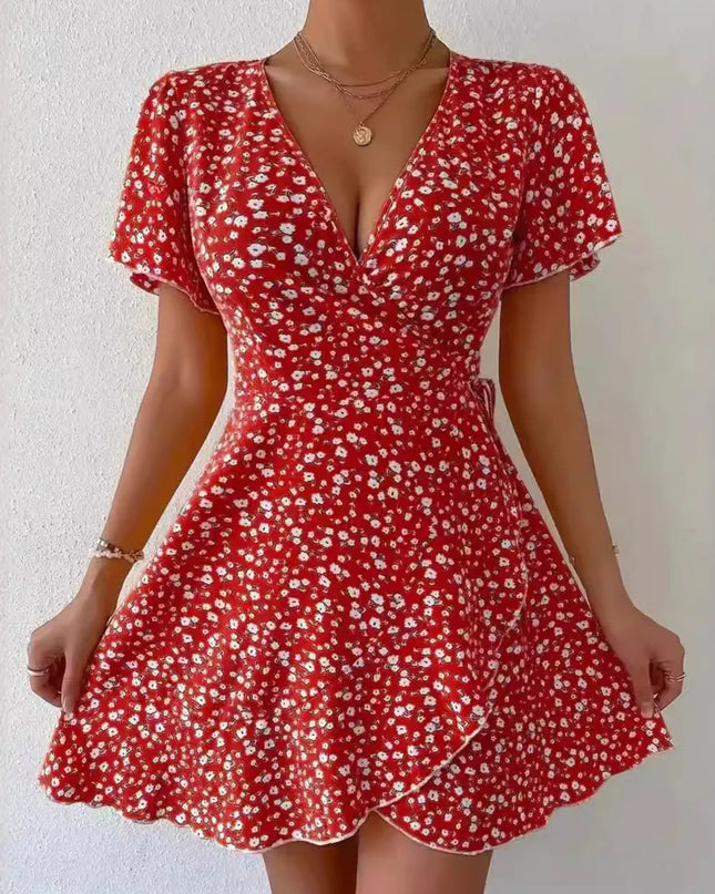 Floral Flutter Sleeve Wrap Mini Dress