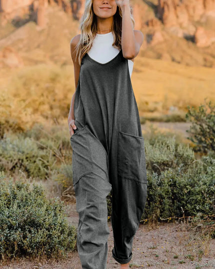Double Take Full Size V-Neck Sleeveless Jumpsuit with Pockets Gray