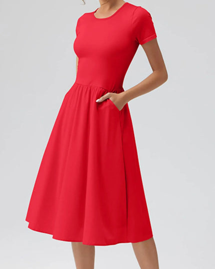 Round Neck Short Sleeve Dress Red