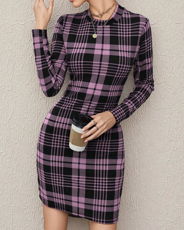 Long Sleeve Plaid Bodycon Mini Dress