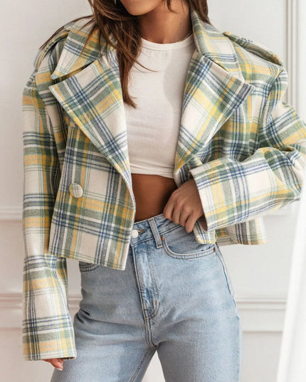 Lapel Collar Plaid Cropped Jacket