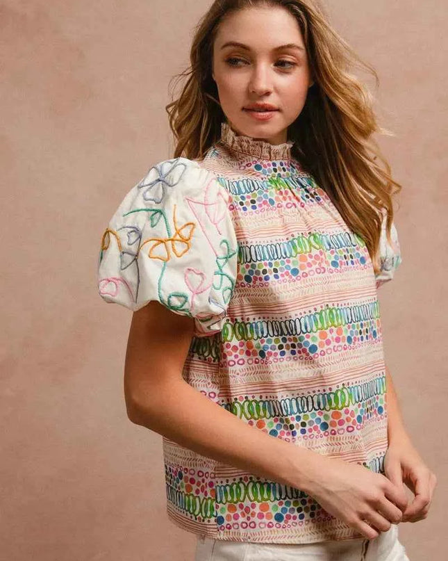 BiBi Ruffle Neckline Blouse With Embroidery Bubble Sleeve