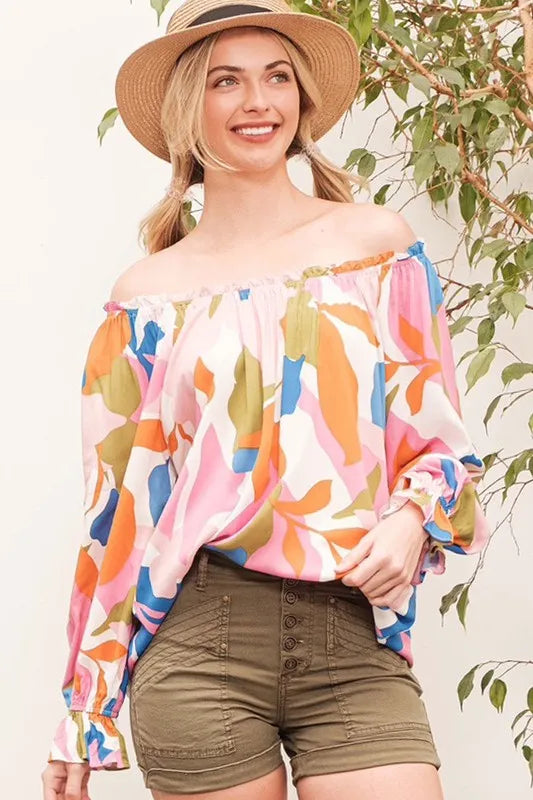 Lime 'N' Chili Abstract Print Off-the-shoulder Long Sleeve Top