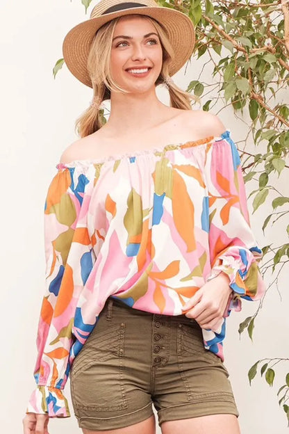 Lime 'N' Chili Abstract Print Off-the-shoulder Long Sleeve Top