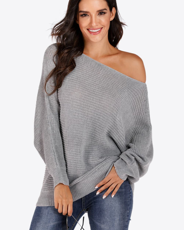 One Shoulder Dolman Sleeve Sweater Light Gray
