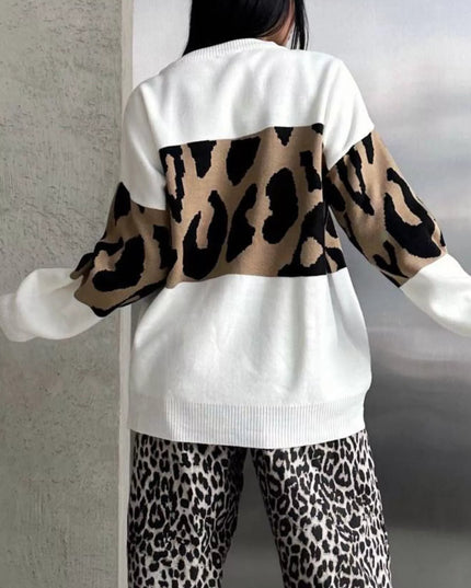 Leopard Color Block Round Neck Sweater