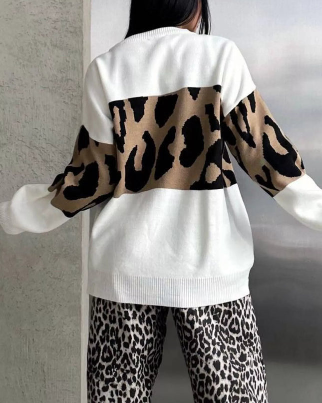 Leopard Color Block Round Neck Sweater