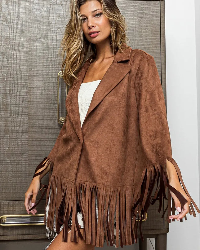 BiBi Suede Single Blazer with Fringed Hem MOCHA
