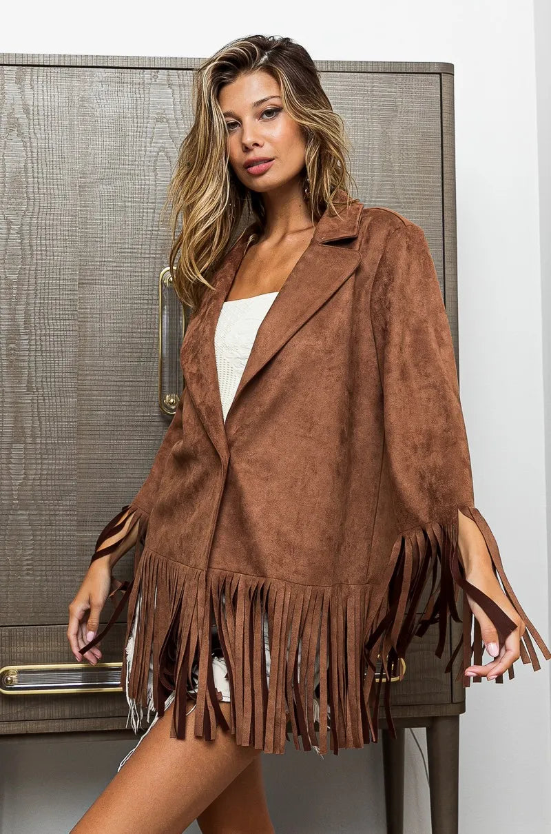 BiBi Suede Single Blazer with Fringed Hem MOCHA