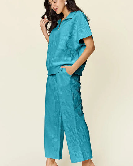 Double Take Full Size Texture Half Zip Short Sleeve Top and Pants Set