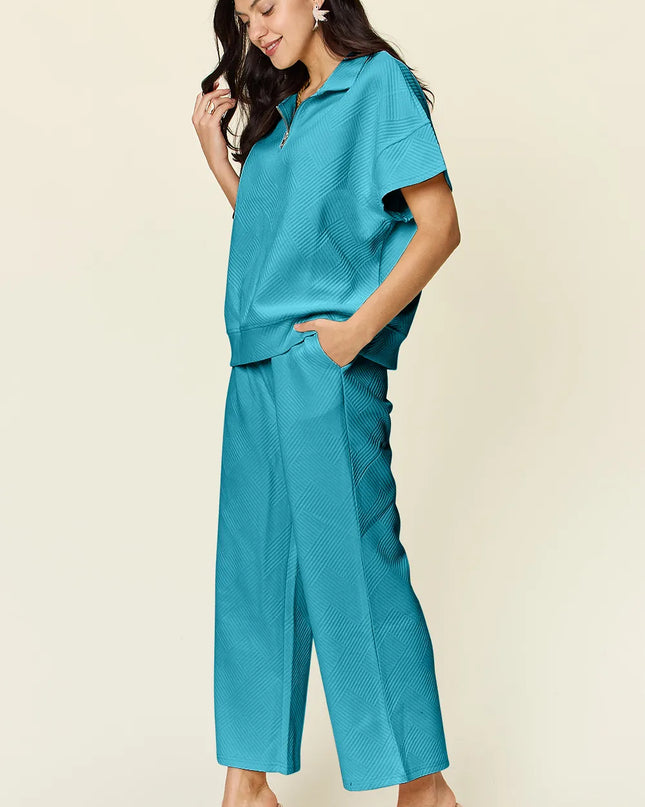 Double Take Full Size Texture Half Zip Short Sleeve Top and Pants Set