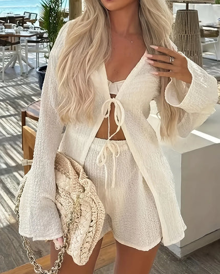 Tie Front Long Sleeve Top and Shorts Set