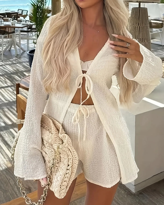 Tie Front Long Sleeve Top and Shorts Set