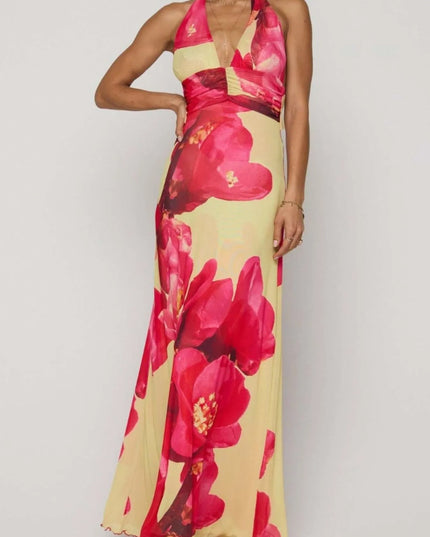 Floral Halter Neck Deep V Maxi Dress