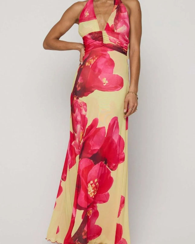 Floral Halter Neck Deep V Maxi Dress