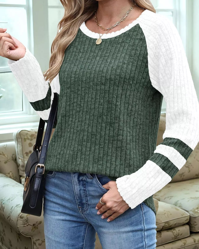 Ribbed Round Neck Raglan Sleeve Top Green