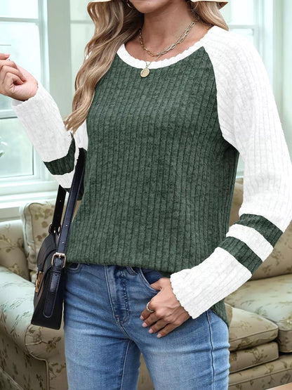 Ribbed Round Neck Raglan Sleeve Top Green