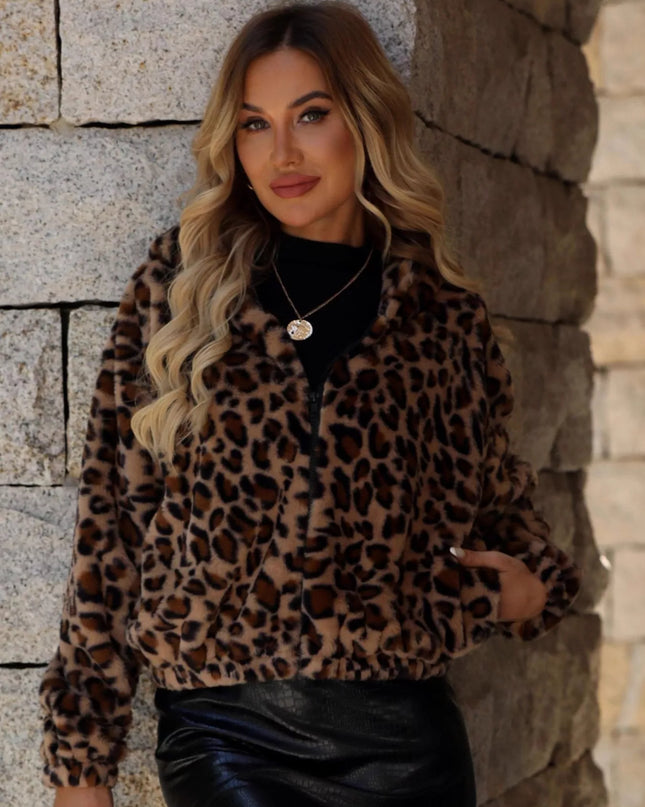 Leopard Zip Up Hooded Outerwear
