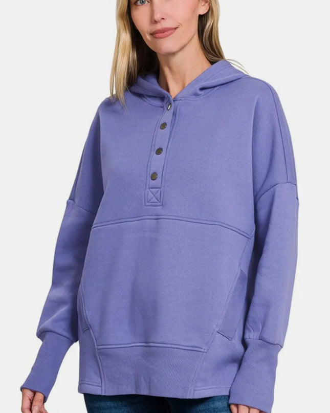 Zenana Half Snap Long Sleeve Hoodie with Kangaroo Pocket