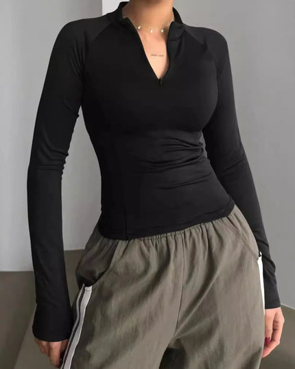 Long Sleeve Zip Front Fitted T-Shirt Black