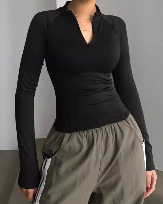 Long Sleeve Zip Front Fitted T-Shirt Black