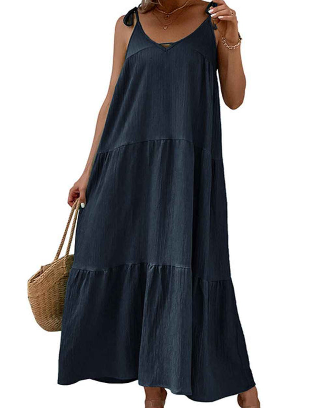 Perfee Tie-Shoulder Tiered Maxi Dress