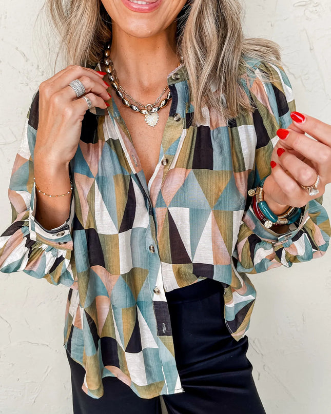 Geometric Print Buttoned Balloon Sleeve Loose Fit Shirt Multicolor