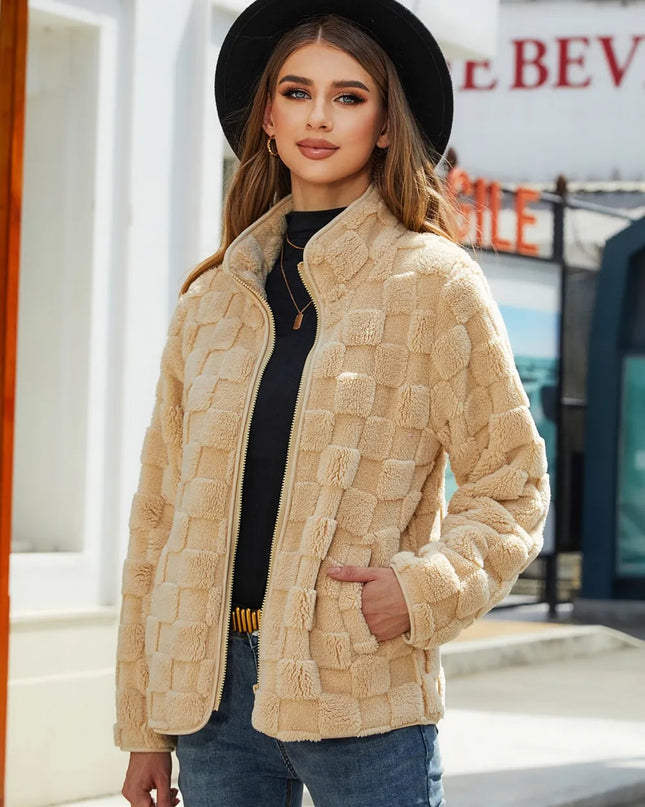 Fuzzy Checkered Zip Up Jacket