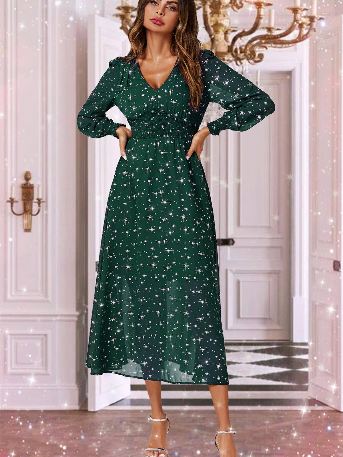 Silver Star Foil Long Sleeve Maxi Dress in Green