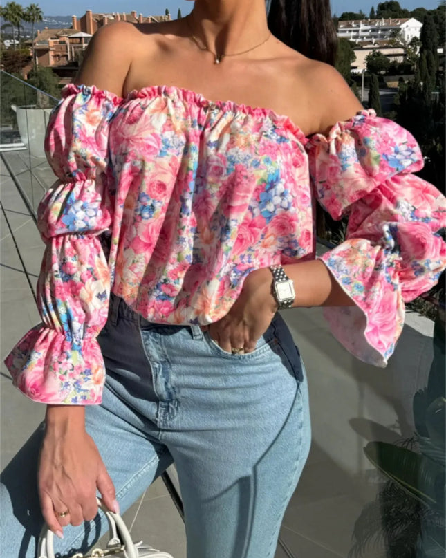 Printed Off-Shoulder Flounce Sleeve Blouse