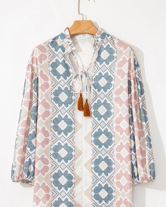 Bohemian Geometric Print Blouse with Tassel Tie