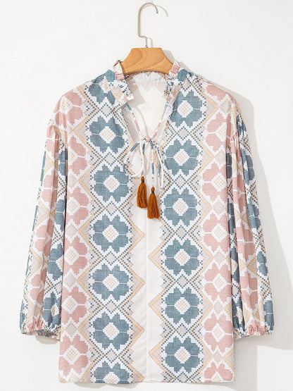 Bohemian Geometric Print Blouse with Tassel Tie