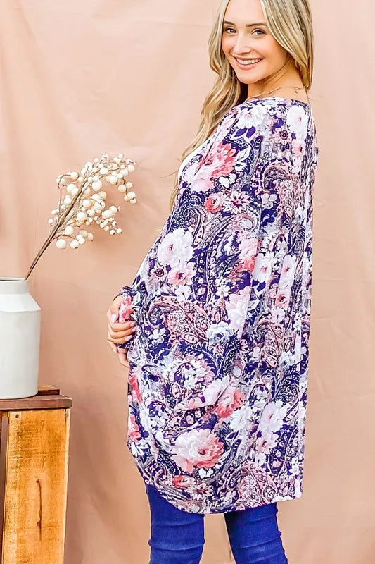 And The Why Floral Print Dolman Sleeve Kimono Cardigan