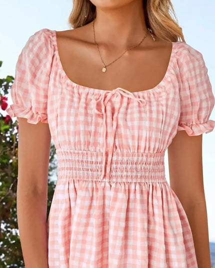 Gingham Smocked Puff Sleeve Summer Dress