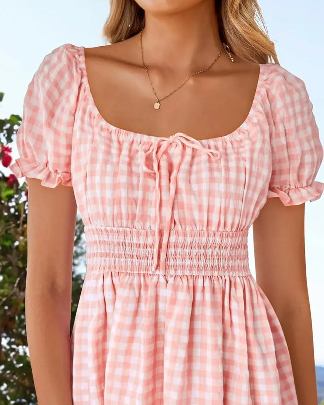 Gingham Smocked Puff Sleeve Summer Dress
