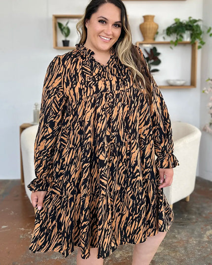 Double Take Full Size Printed Ruffle Hem Long Sleeve Dress