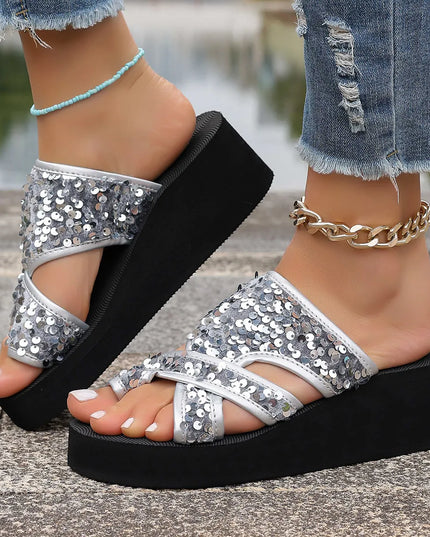 Sequin Platform Wedge Sandals 